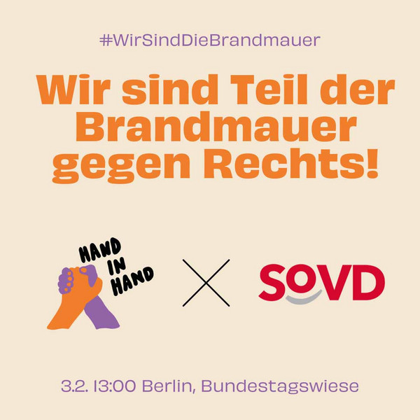 Grafik mit SoVD-Logo und der Schrift "Wir sind Teil der Brandmauer gegen Rechts!"