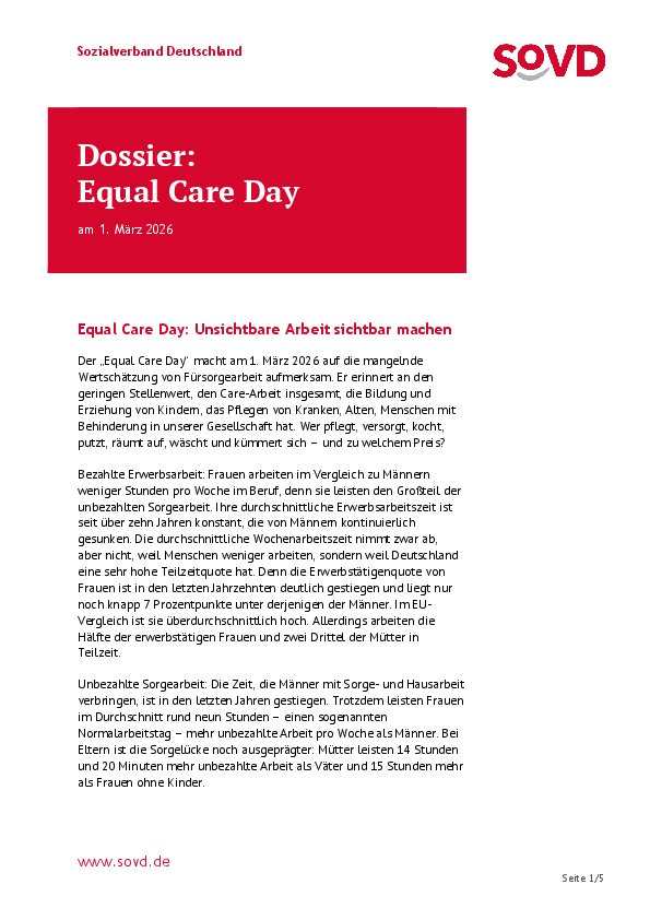 Titelseite SoVD-Dossier zum Equal Care Day 2025