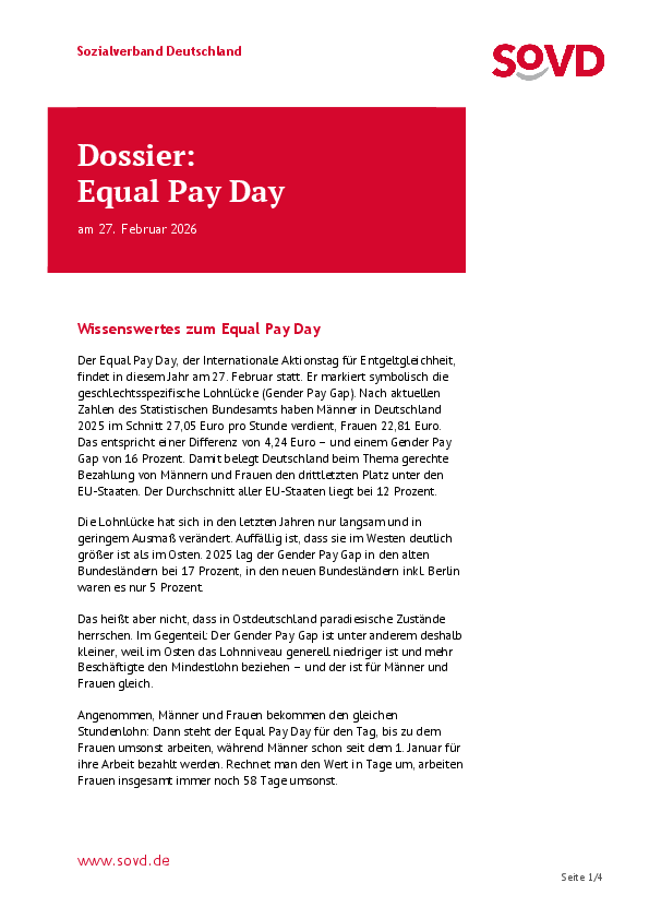 Titelseite SoVD-Dossier zum Equal Pay Day 2026